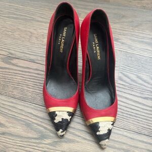 Saint Laurent Red Leather Pointed Pumps with Snakeskin Tip and Gold Band